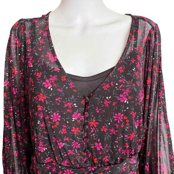 Torrid Sheer Black Floral Ruched Dress w/ Scoop Neck & Long Sleeves Size 0/L - Picture 6 of 6